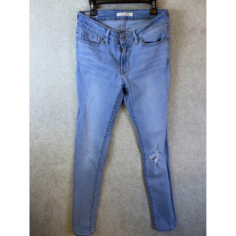 Levis Premium 711 Skinny Jeans‎ Womens 27x32 Light Blue Distressed Denim Pants - Picture 2 of 11